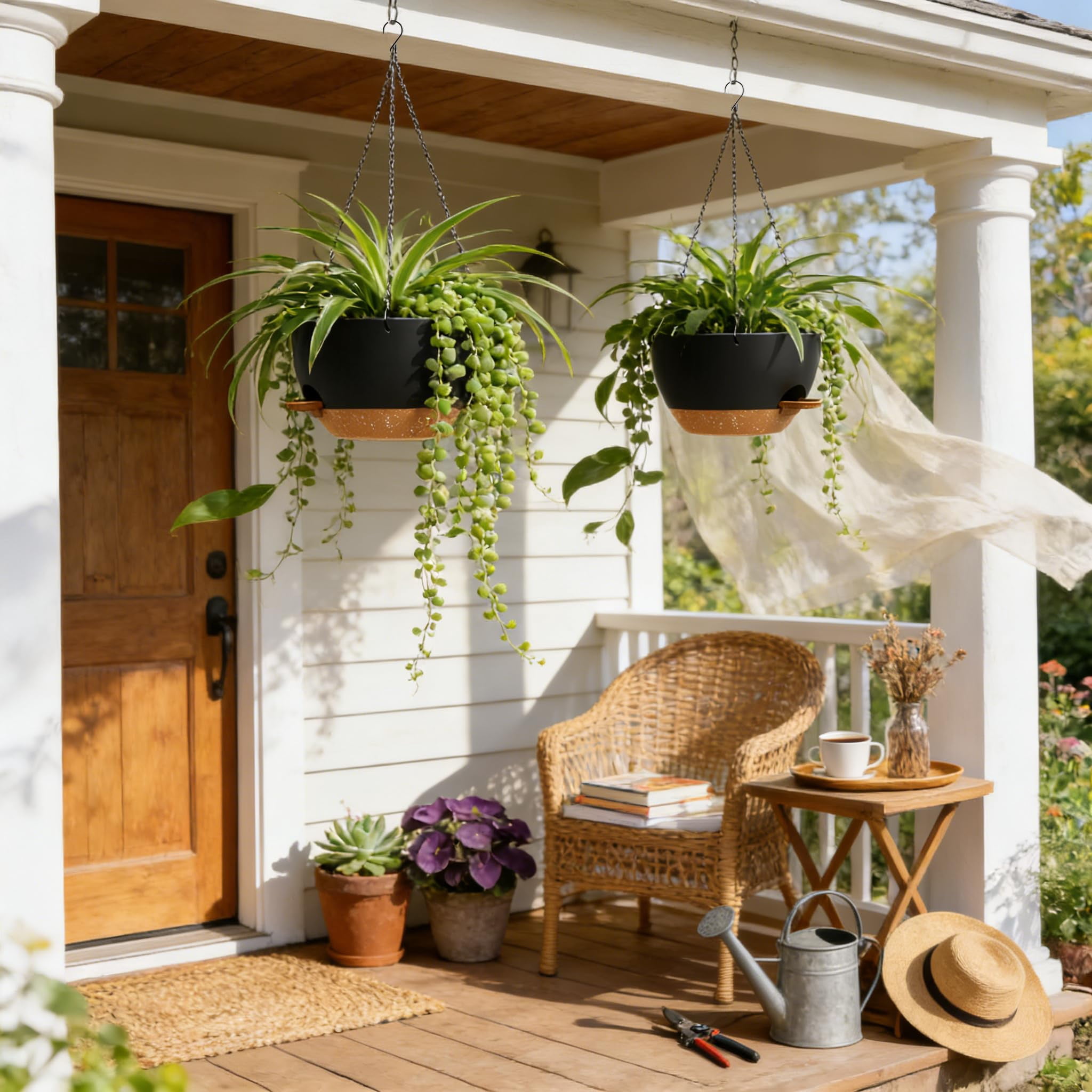 13 Inch 2 Pack Large Self Watering Hanging Planters For Indoor Outdoor Plants  Plant Pots With Removable 50 Oz Reservoir Plastic Basket Window Porch Garden Black Brown