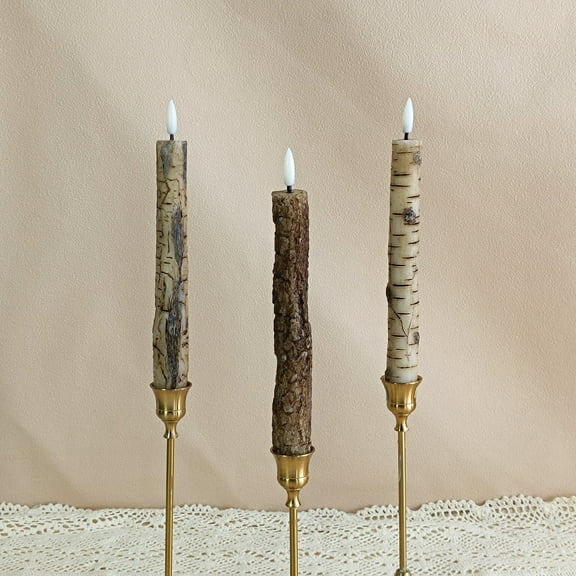 XINAOBAOLUO 9.8inch Flameless Taper Candles with Remote Timer, Pack of 3 Bark Real Wax Battery Operated Candlesticks,LED Flickering Window Candles for Home Wedding Christmas Decor