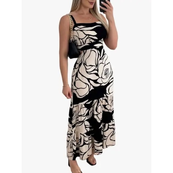 CHICME Womens Dresses Floral Print Spaghetti Strap Sleeveless Hollow Out Ruched Casual A Line Party Midi Dress Black-S