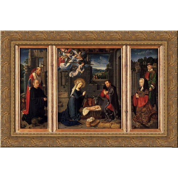 Triptych with the Nativity 24x16 Gold Ornate Wood Framed Canvas Art by Gerard David