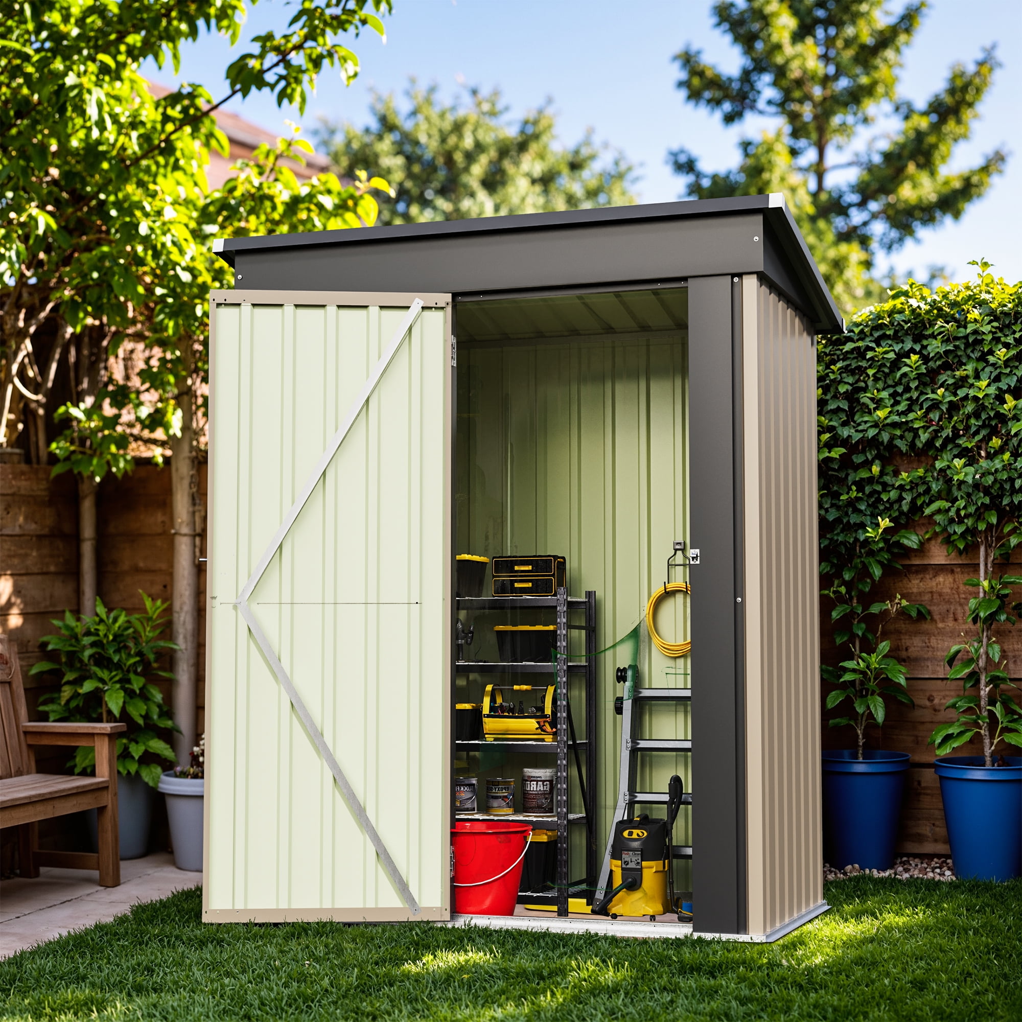 Homall 5' x 3' Mental Outdoor Storage Shed, with Groove Roof and Lockable Door, for Garden and Patio, Brown