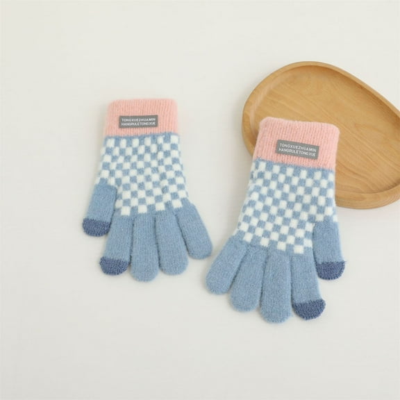 SYMOID Blue Winter Touchscreen Gloves for Women - Acrylic Checkerboard Pattern Free Size Warm 5-Finger Cold Weather Accessories,Size Free Size