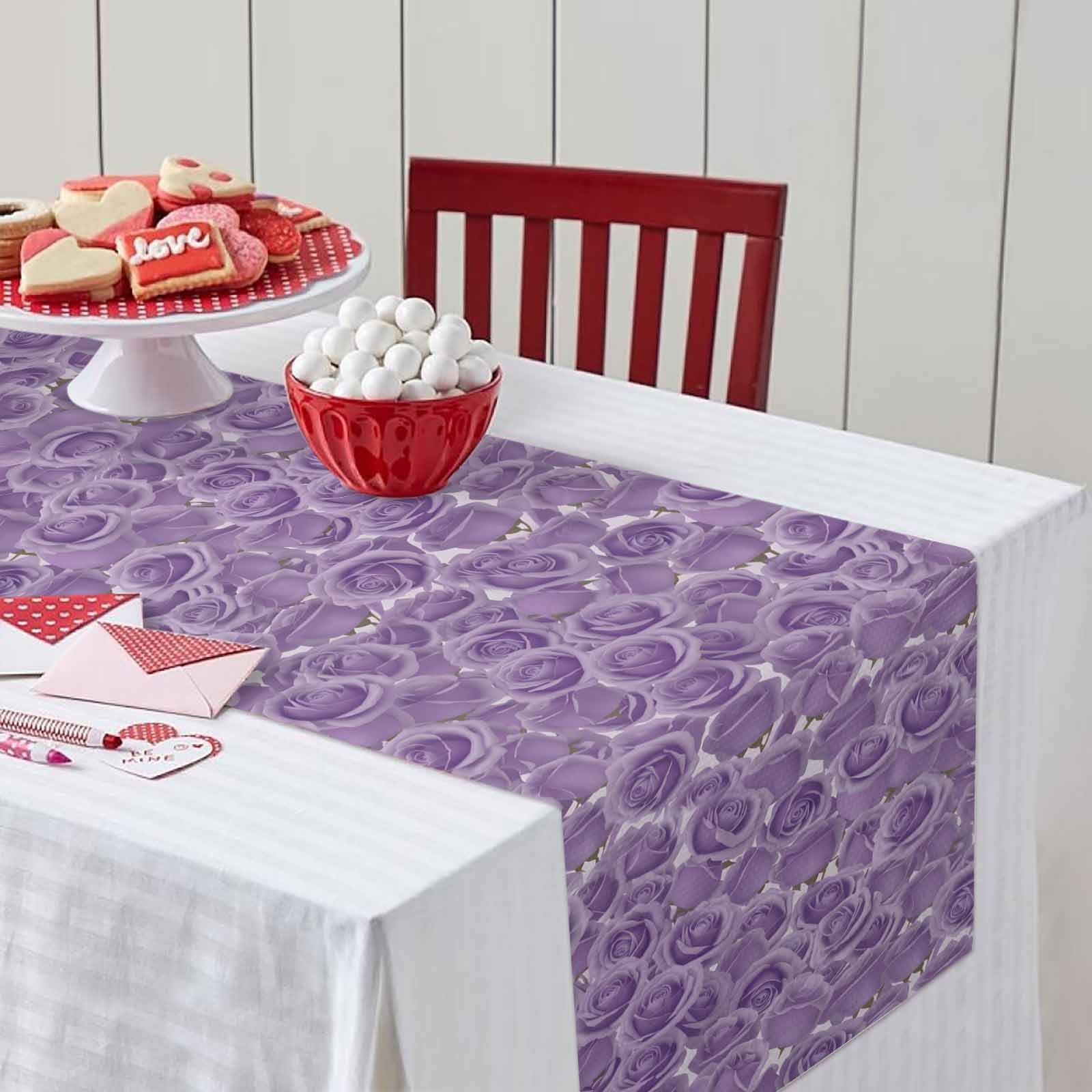 Purple Rose Table Runner, Valentine's Day Washable Cotton-linen Table Runners Dining Kitchen Decoration for Everyday Home Wedding Party Decor, 13 x 120 Inch