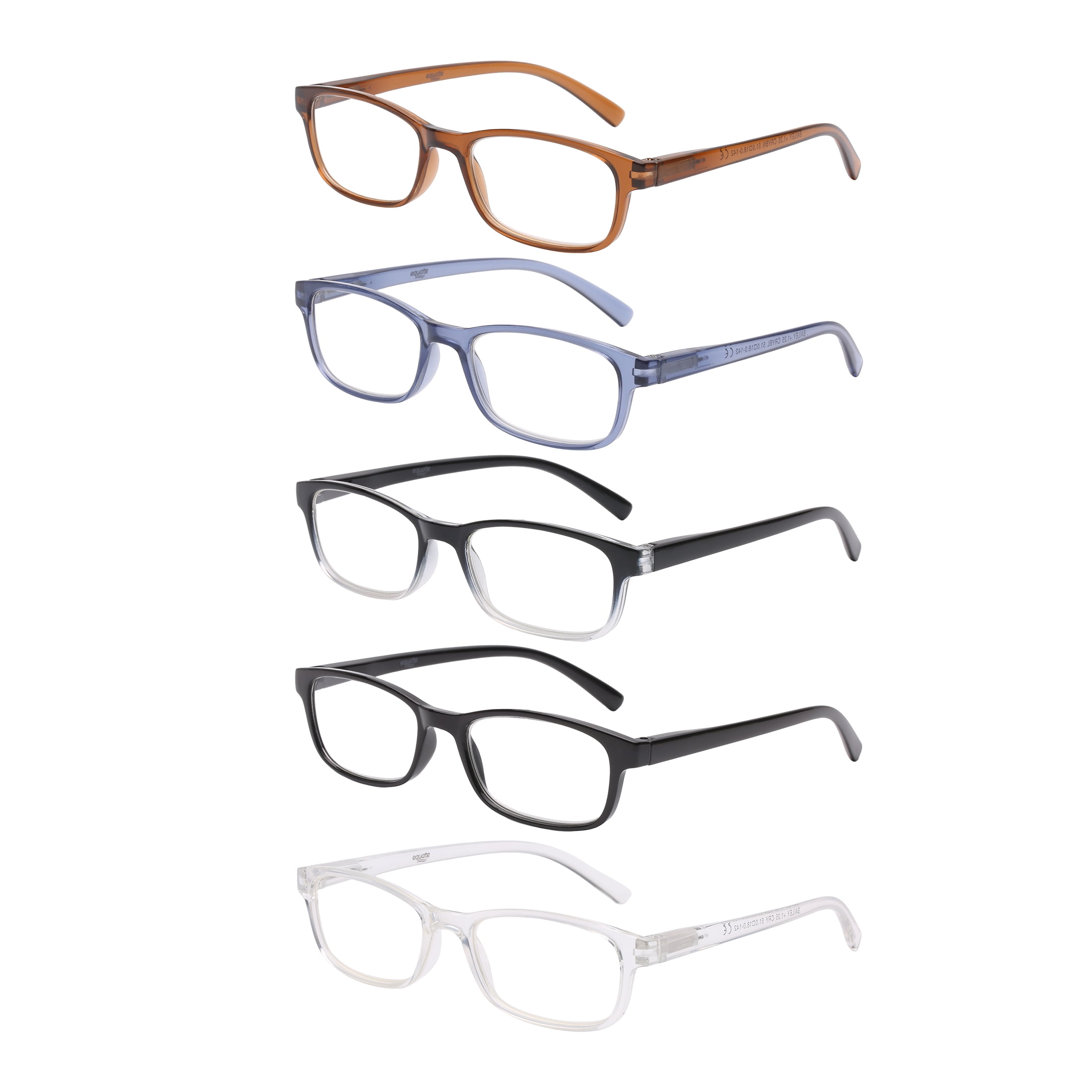 (2 pack) Equate Bailey 5-Pack Unisex Spring Hinge Plastic Reading Glasses with Case, Crystal/Black Gradient/Brown Crystal/Matte Black/Blue Crystal, +2.50