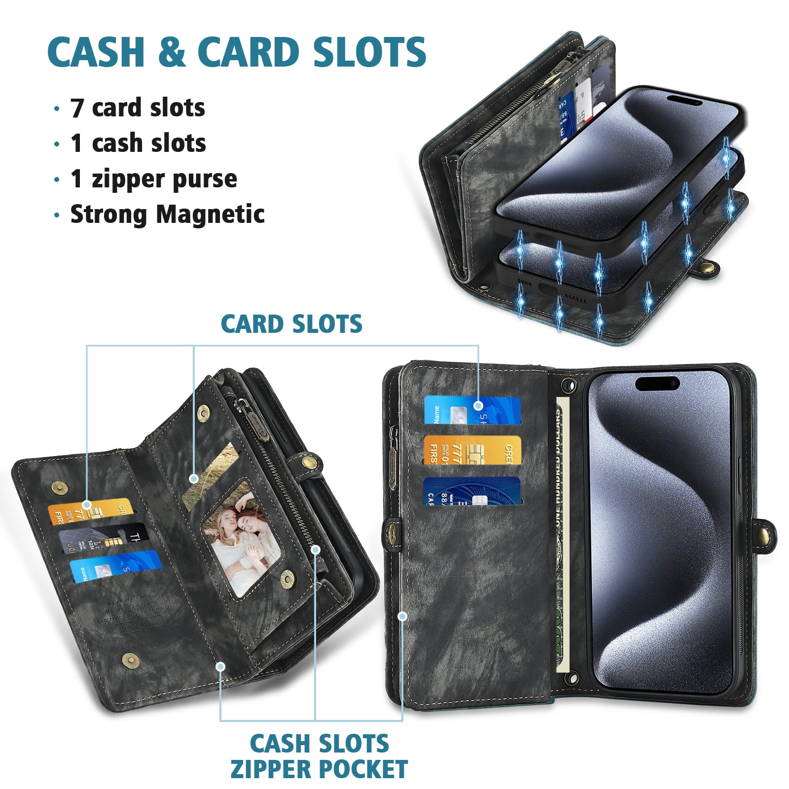 Asuwish Compatible with iPhone 16 Pro Max 6.9 inch Phone Case Zipper Wallet Tempered Glass Screen Protector Strap Flip Card Holder Cell Cover for i Phone16 16Pro i16 ProMax 16ProMax Women Girls Black