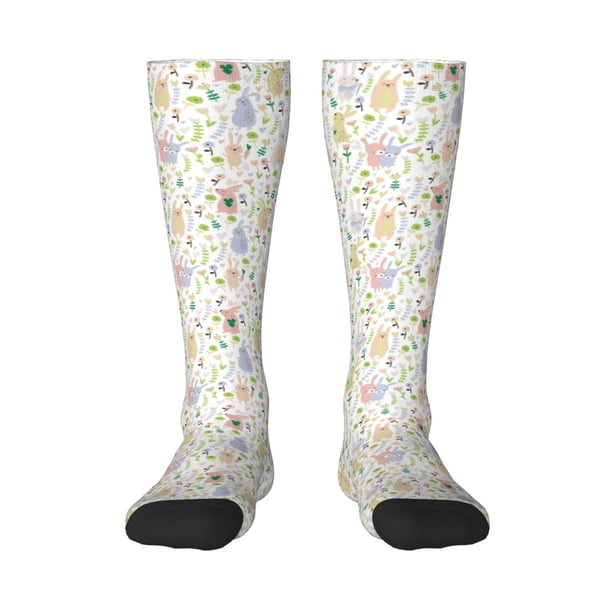 Fotbe Flower Rabbit Calcetas Divertidas Estampadas para Hombre y Mujer, Calcetas de Algodón hasta la Rodilla para Caminar, Correr, Enfermería y Embarazo