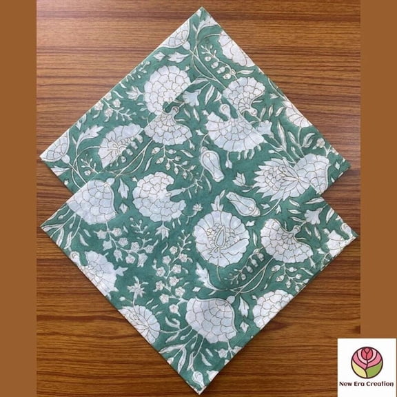 New Era Creation Turquoise Green, Old Moss Green Indian Floral Hand Block Printed Pure Cotton Cloth Napkins, Dinner Napkins,Cocktail Napkins