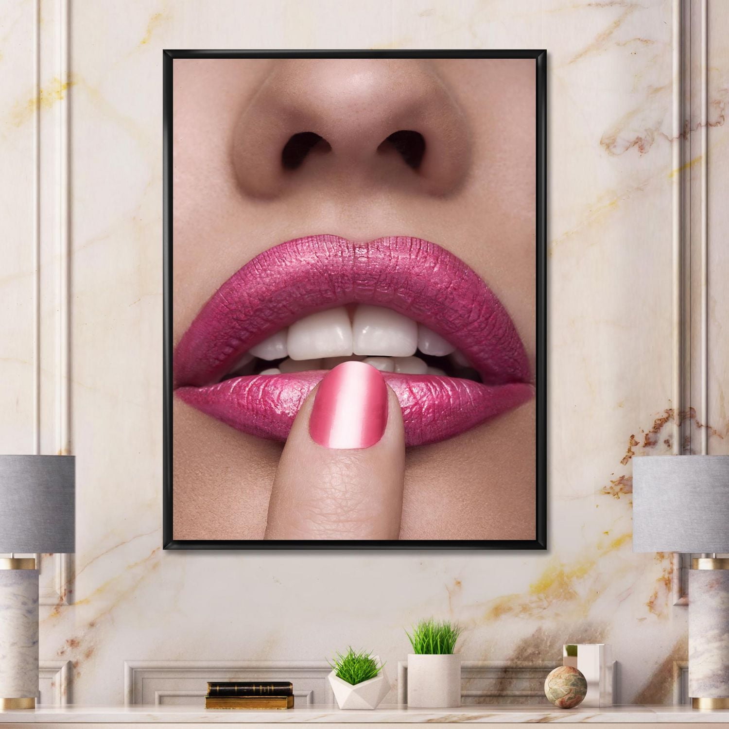 Designart Pink Woman Lips With Finger On Mouth FLOAT FRAME WALL ART