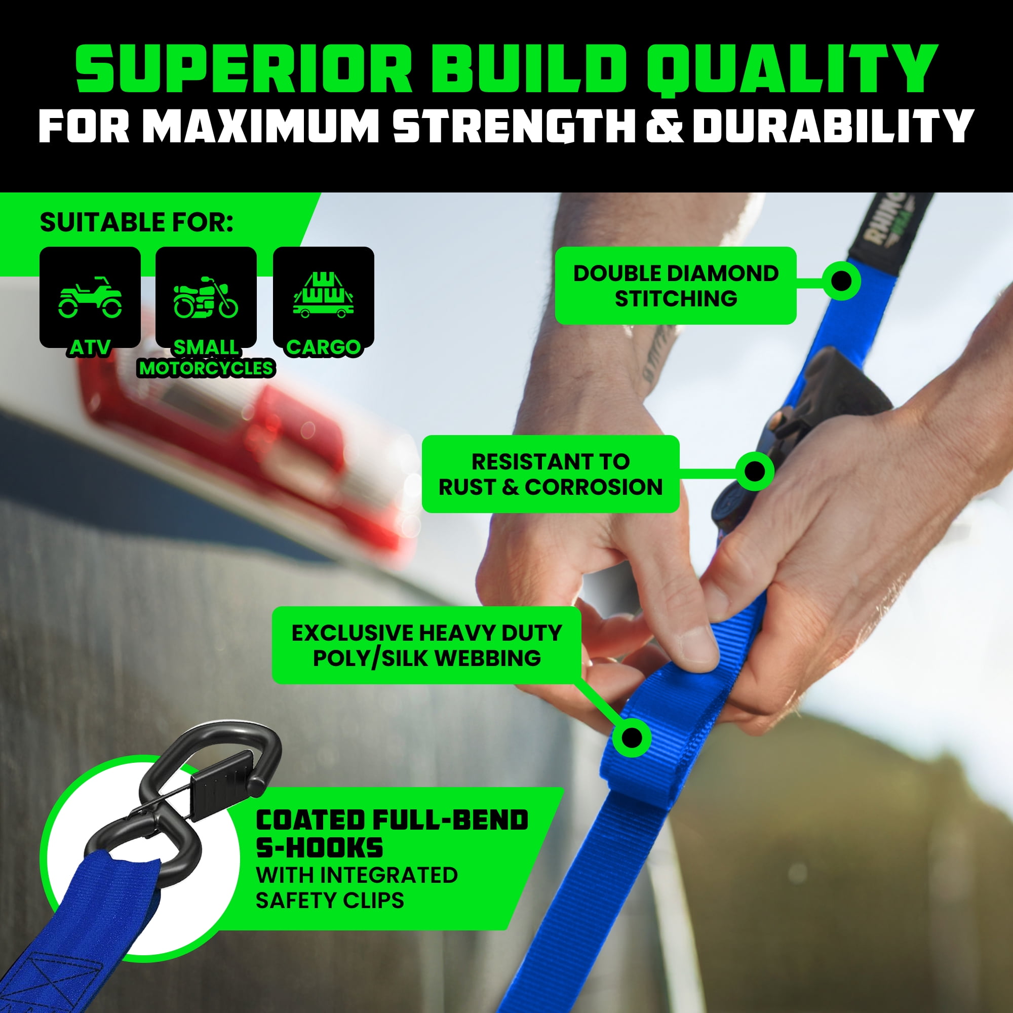 Rhino USA 1" x 10' Retractable Ratchet Straps 1,209lb Break Strength (Blue 2-Pack)
