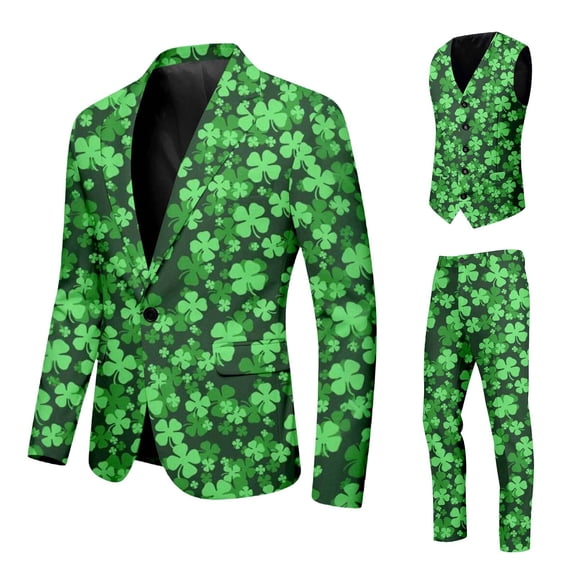 St Patrick's Day Print Three Piece Formal Suit Jacket Vest Trousers Shamrock Design Blazer Pants Tie Green Irish St. Paddys Holiday Party