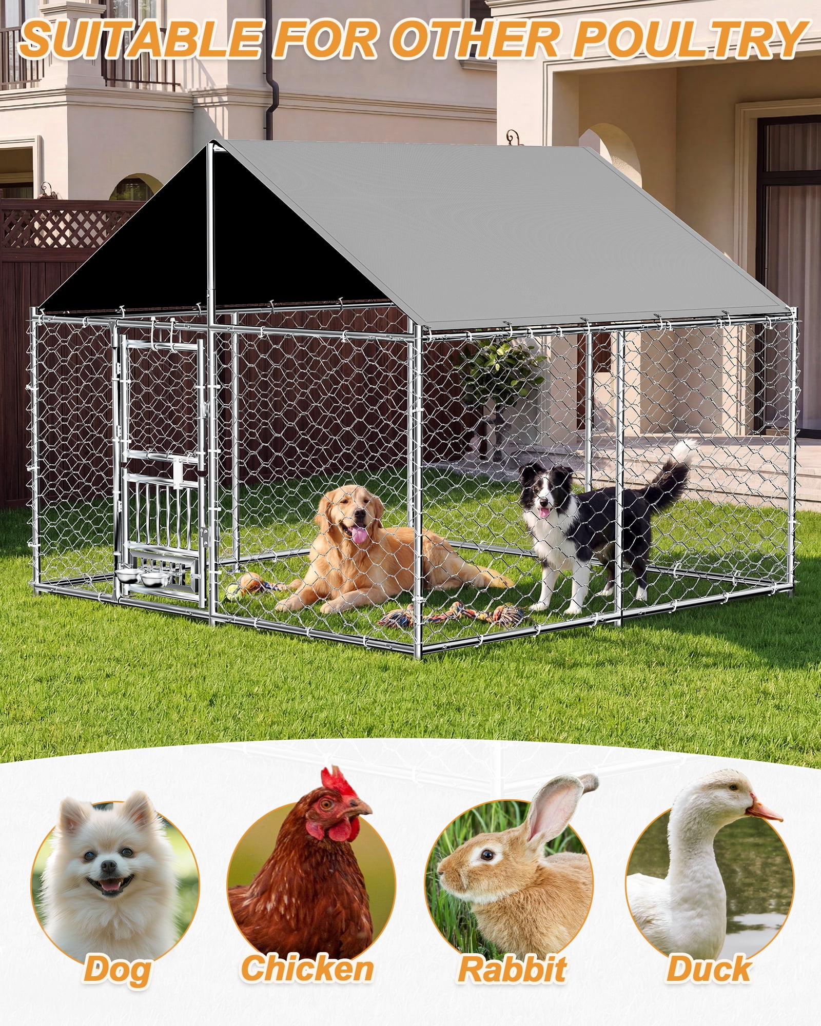 All-Weather 7.5'x7.5' Outdoor Dog Kennel, Heavy Duty Anti-Rust Metal Frame with Waterproof UV Cover, Secure Lock & Rotating Feeder, Durable Outside Dog Cage for Backyard Farm
