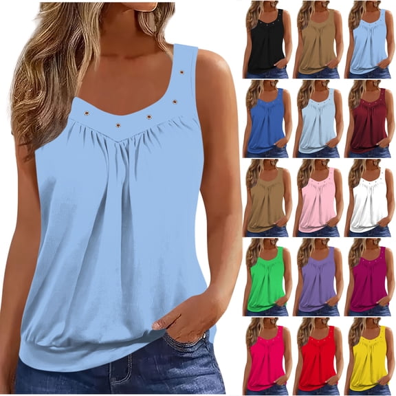 Otntypg Womens Tank Tops Loose Fit Cute Keyhole V Neck Ruched Sleeveless Tunic Blouse Dressy Casual Basic Solid Color Banded Bottom Shirts