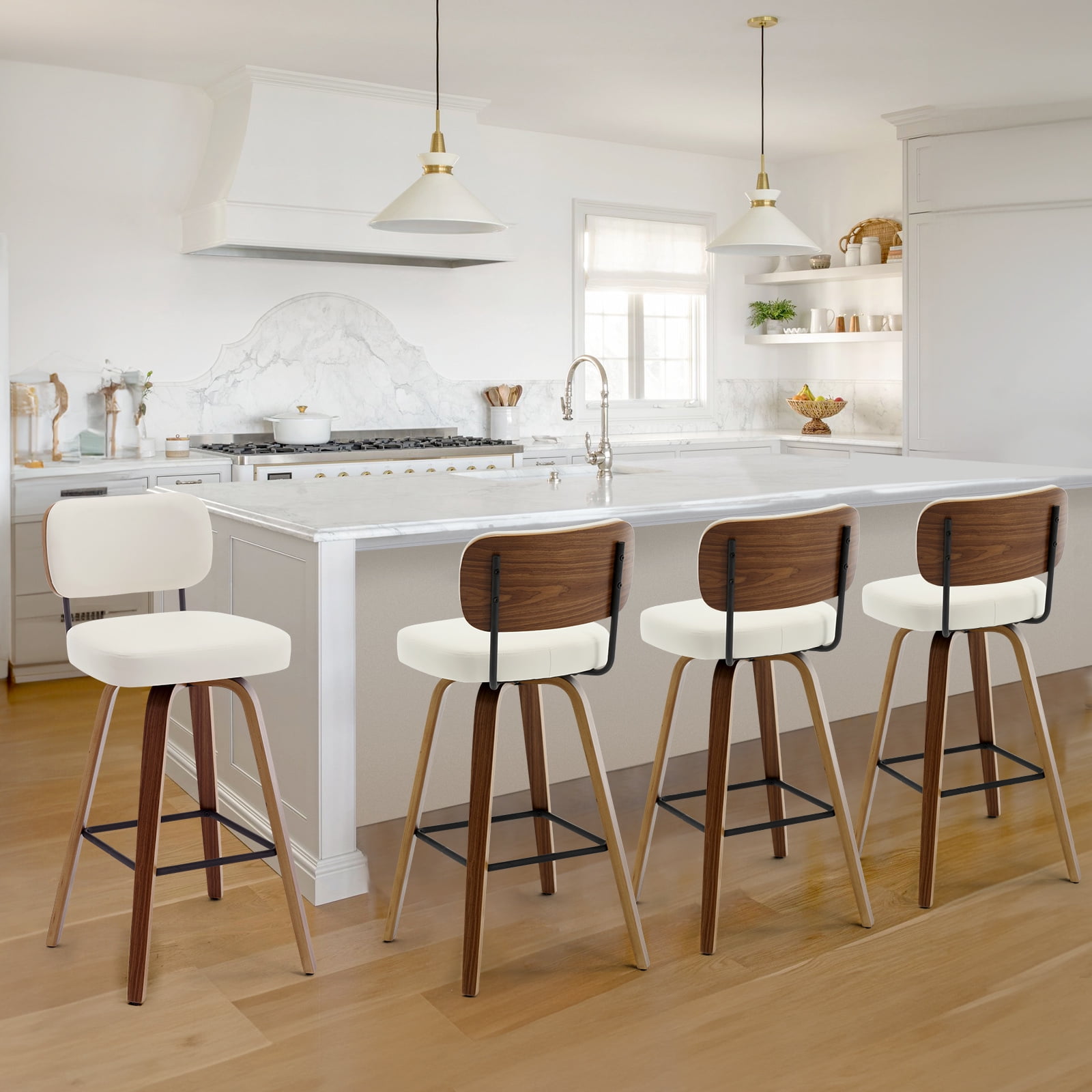 ANMINY Swivel Counter Height Bar Stools, Set of 1, Upholstered Faux Leather Barstools with PU Back, 29" Seat Height Bar Chairs for Kitchen Island, Bentwood Wood Frame