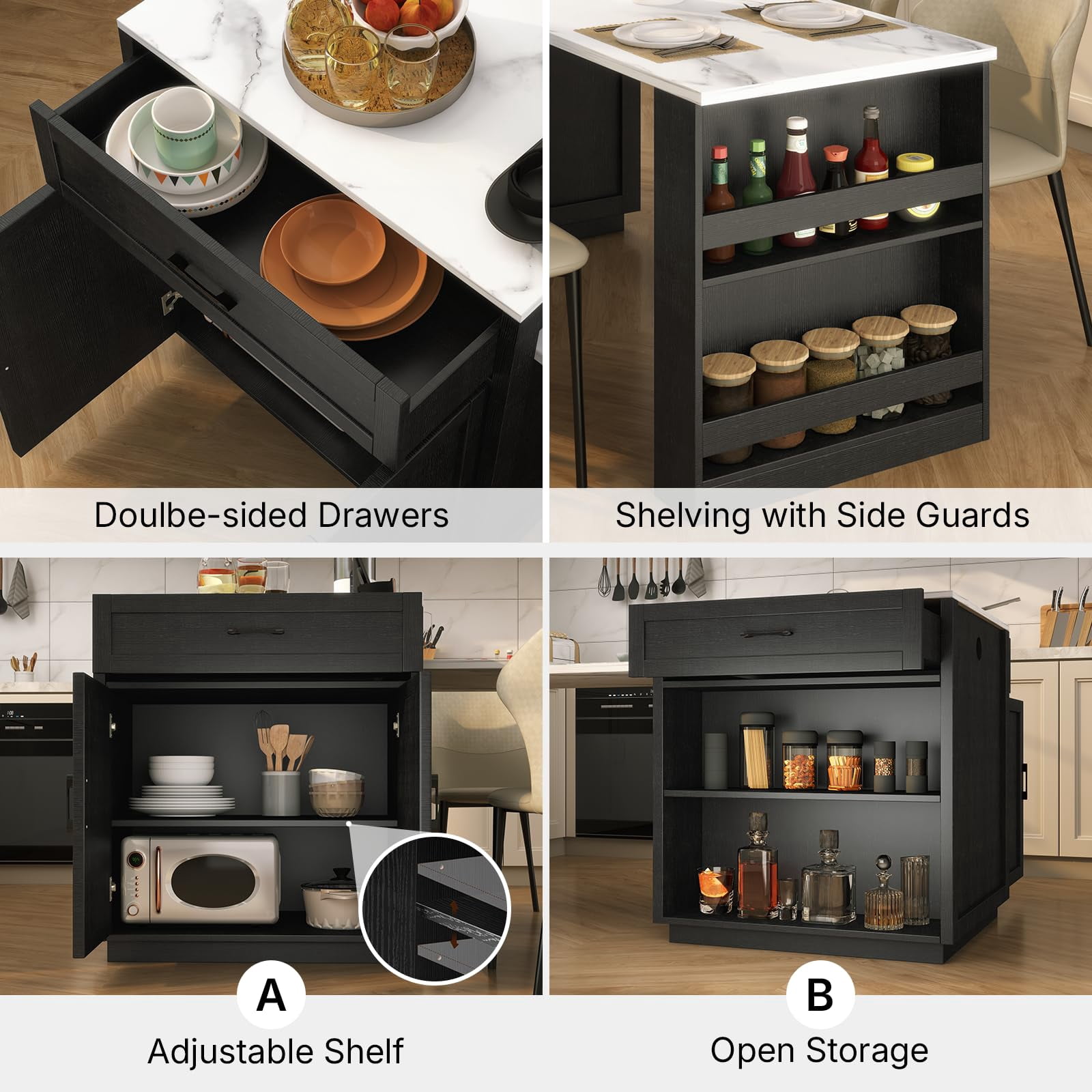 ZIVACATE 82.7"L Expandable Retractable Kitchen Island for 4-6 Person, Faux Marble Top Kitchen Island with Storage Built-in Power Outlet, Black