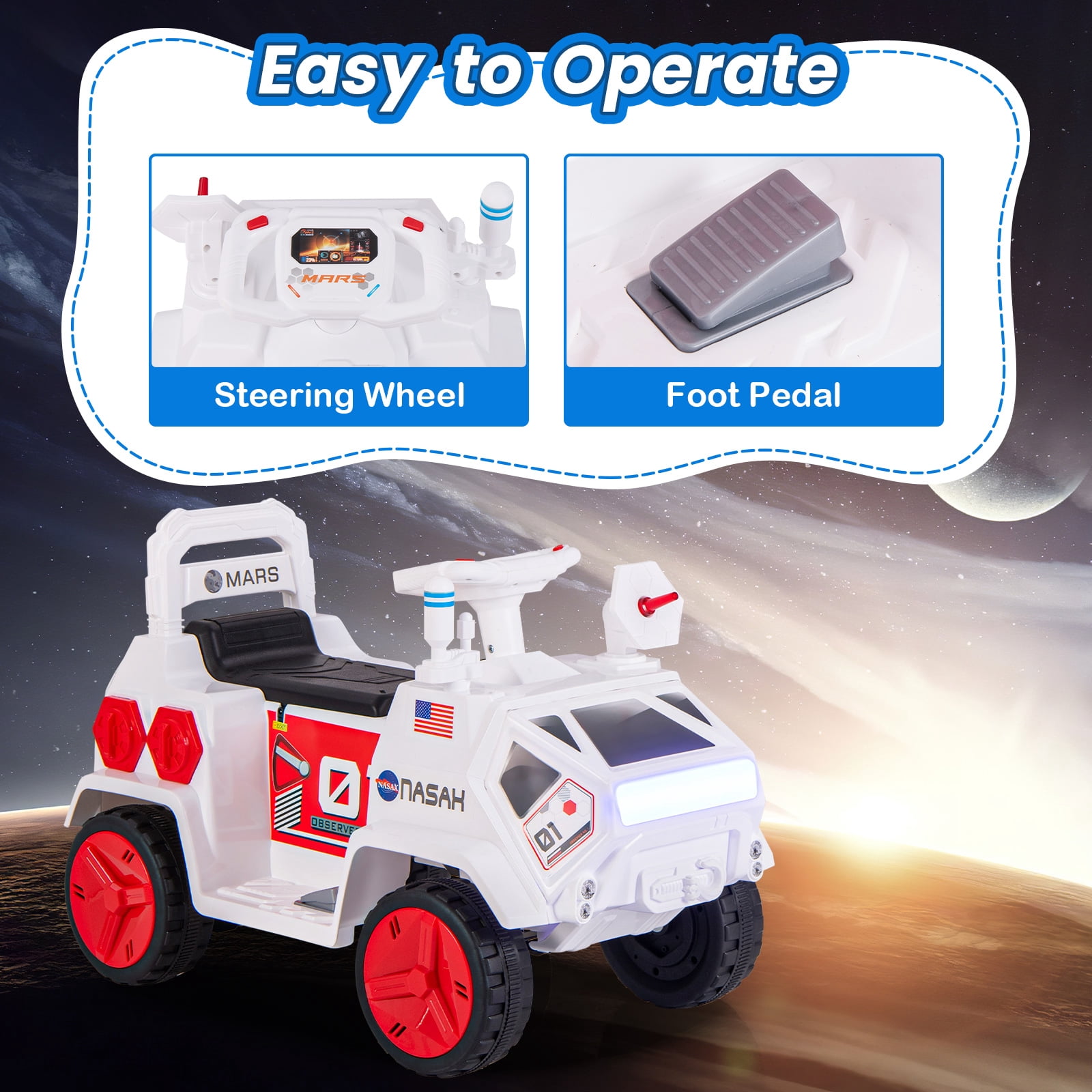 OLAKIDS Ride on Car, 6V Electric Toy for Kids with Radar, Rocket, MP3, USB, Horn, Power Display, Headlight, 4-Wheeler Battery Powered Quad Gift for Toddlers Boys Girls Age 3+