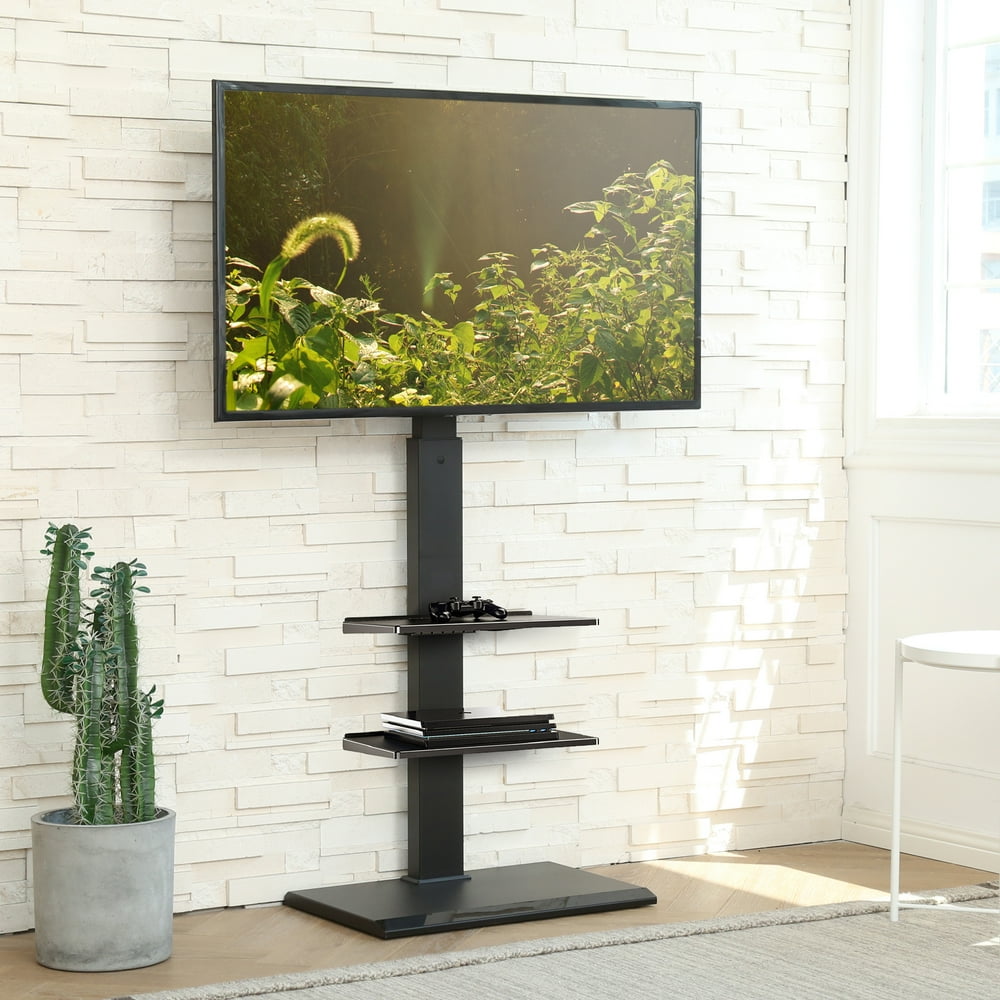 Fitueyes Modern Floor TV Stand Black with Swivel Mount, Height