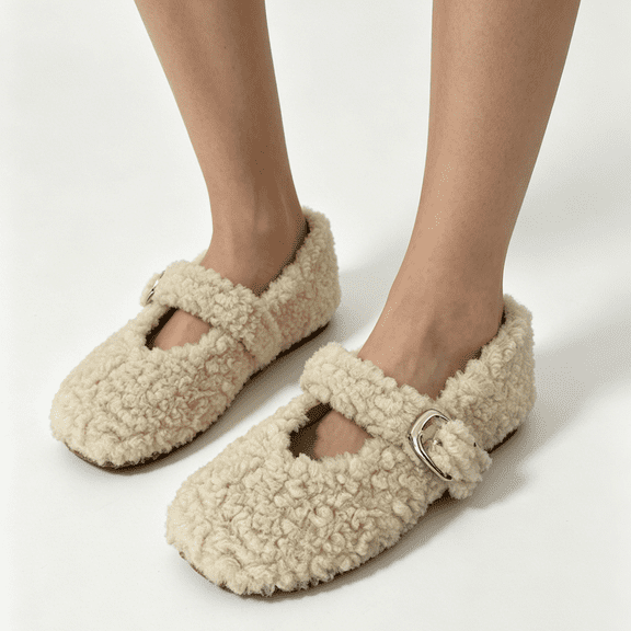 KEVCHE Womens Fuzzy Slippers for Warm Indoor Comfort, Plush Mary Jane Loafers with Non-Slip Sole, Cozy Cotton-Linen Slip On Walking Shoes for Home and Outdoor