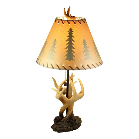 Ebros Large 26.25"H Wildlife Rustic Cabin Lodge Vintage Design Decor 3 Entwined Antlers with Pine Cones Table Lamp Statue with Shade and Pull Down Switch