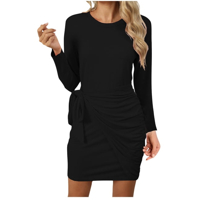 Birdeem Robe Longue à Manches Longues pour Femmes Robe d'Hiver Tempérament Col Rond Ceinture Nouée Manches Longues Couleur Unie Ajustée Robe Longue d'Été pour Femmes