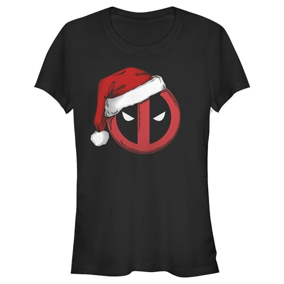 Junior's Marvel Christmas Deadpool Santa Hat Graphic Tee Black Large
