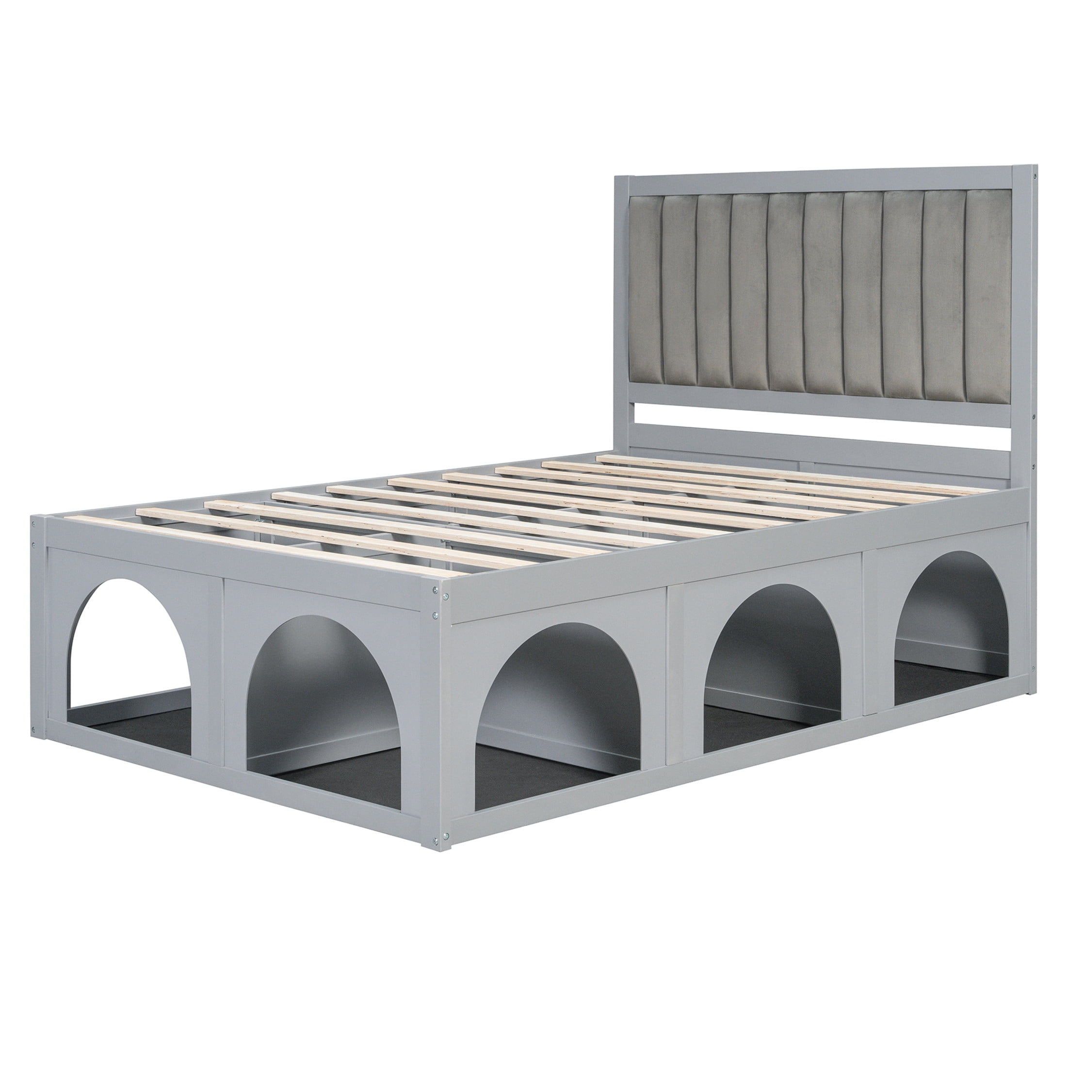 Christopher Knight Home Pet-Friendly Platform Bed with Nook, Upholstered Headboard, Full Size, Light Gray