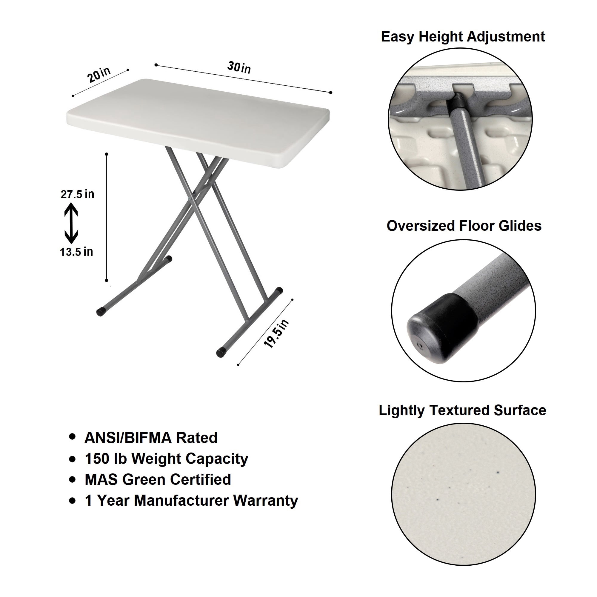 Hampden Furnishings Baldwin 13"-28" Personal Height Adjustable Folding Table, Plastic/Steel, Grey
