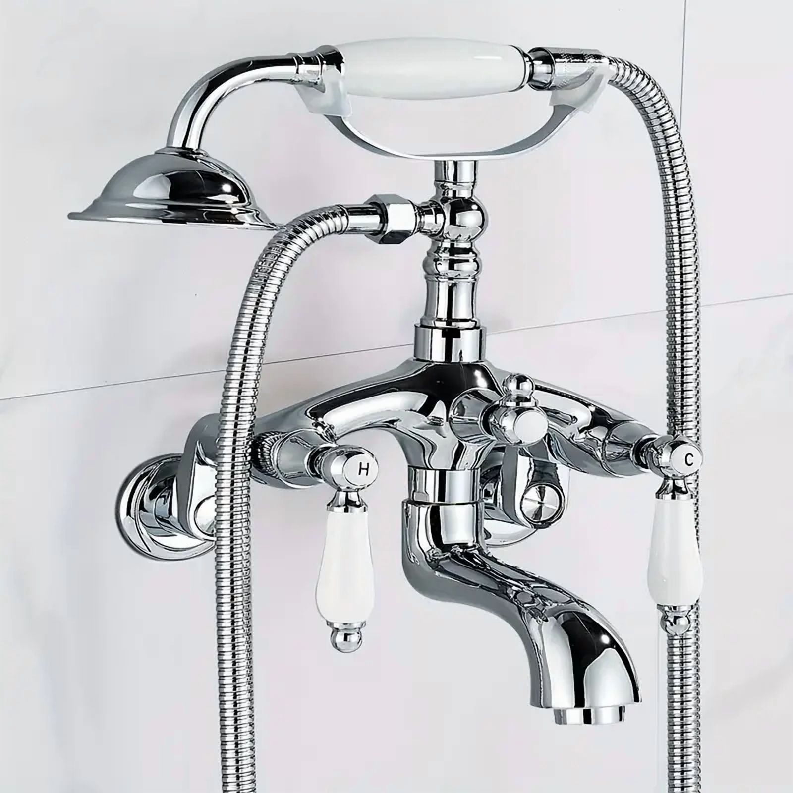 Chrome Clawfoot Tub Faucet Wall Mount Bathtub Faucet Set with Handheld Shower