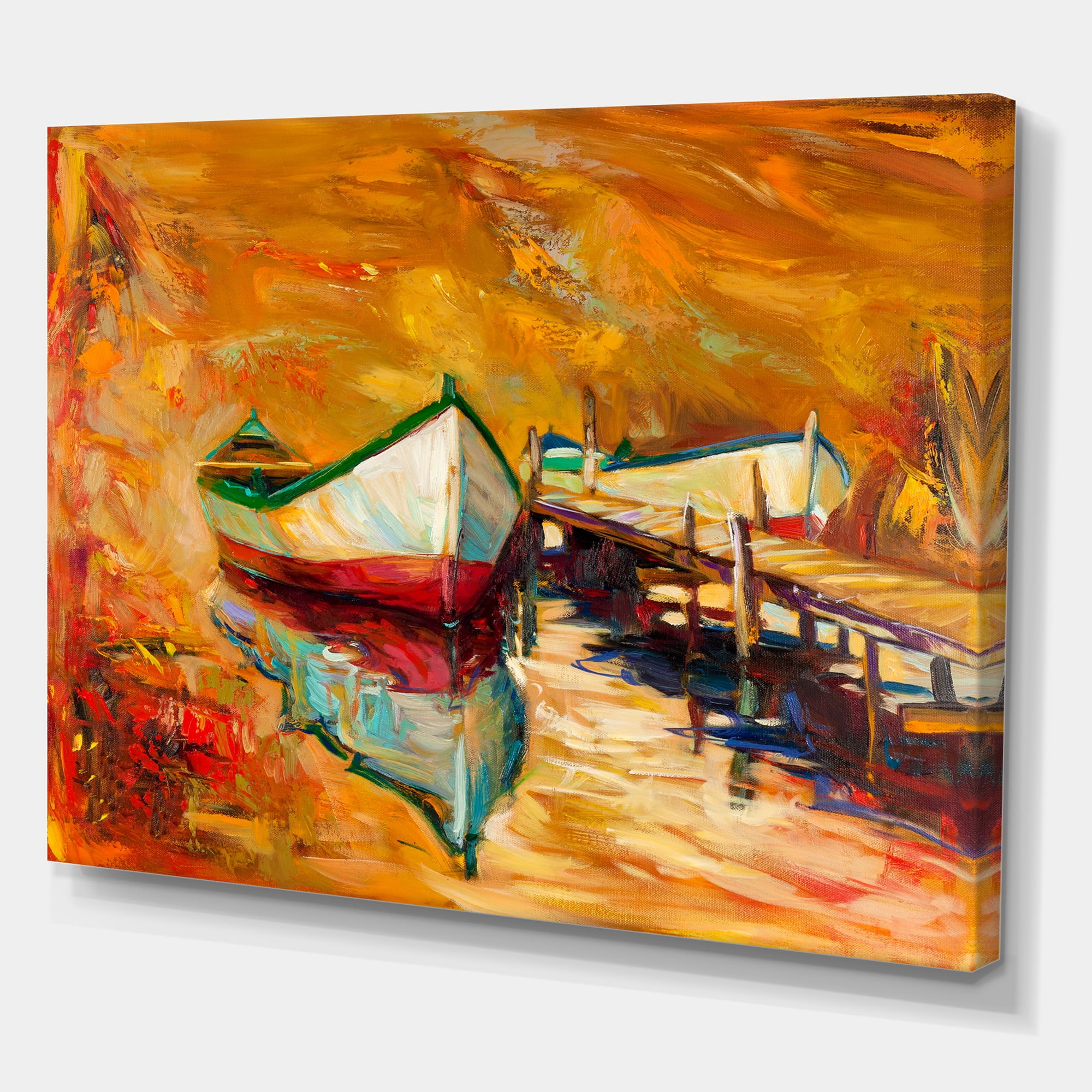 Designart ' Red and White Boats By The Pier ' Nautical & Coastal Canvas Wall Art Print