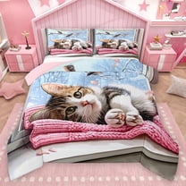 Homewish Lovely Kitten Bedding Comforter Set,Pet Cat Lover Twin Comforter Sets,Pink Gray Blue Bedding Set For Girls Boys,Luxury Bedroom Decor Reversible,2 Pieces