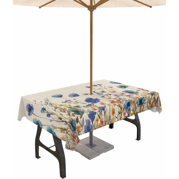 Blue Teal Spring Floral Outdoor Tablecloth - 60x120 Inch Dining Table Cover, Watercolor Botanical Summer Flowers Waterproof Outdoor Table Cloth with Umbrella Hole & Zipper for Patio