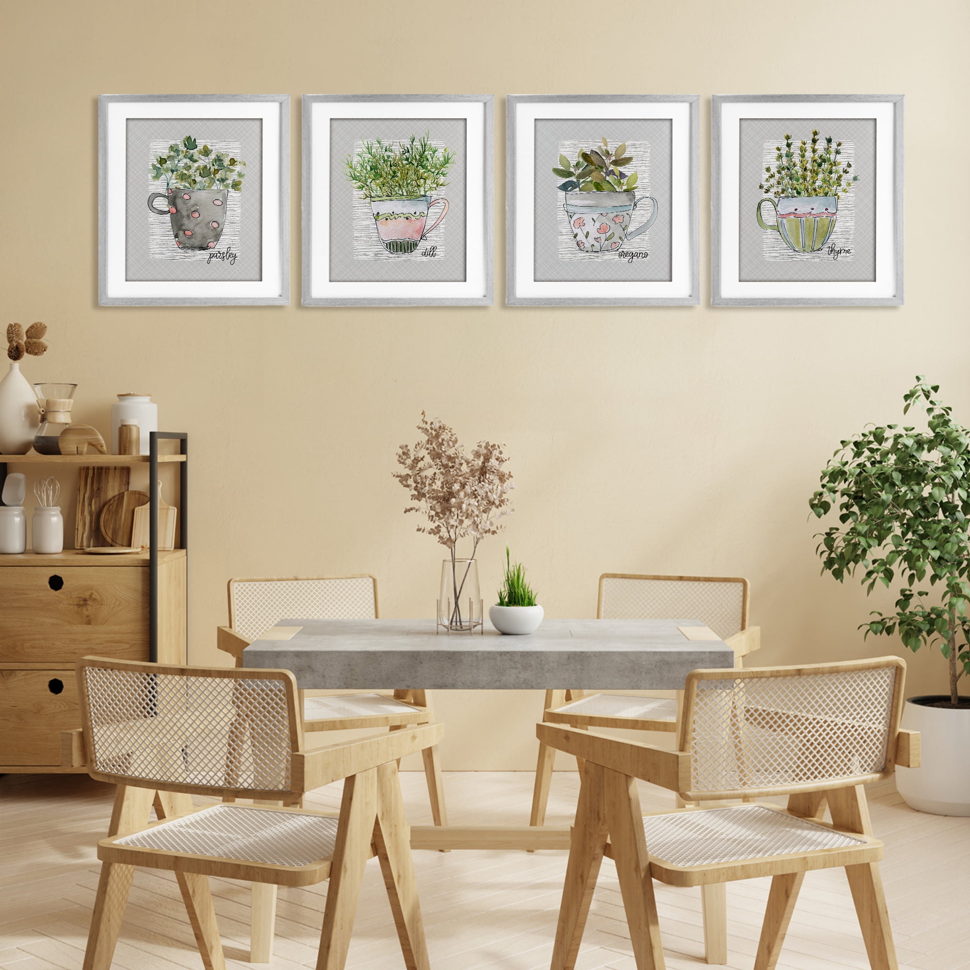 Stupell Industries Kitchen Herbs in Mugs 4 Piece Gray Framed Print Under Glass Set, design by Livi Finn