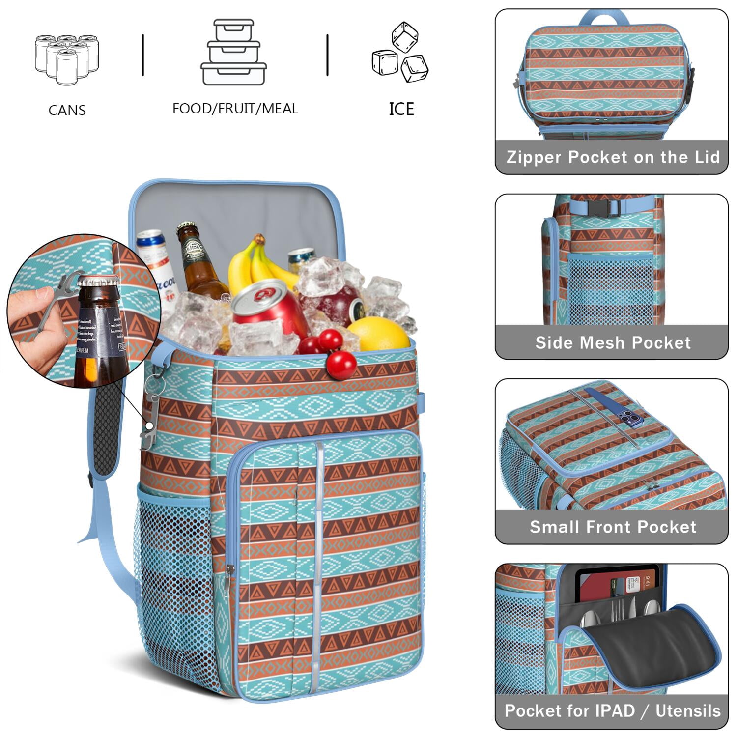 Travel Cooler Bag - Boho Bohemia Pioneer Flower Geometric Line Art Camping Beer Cooler Backpack with Bottle Opener- Waterproof Insulated Picnic Backpacks - Cooler Bag for Beach