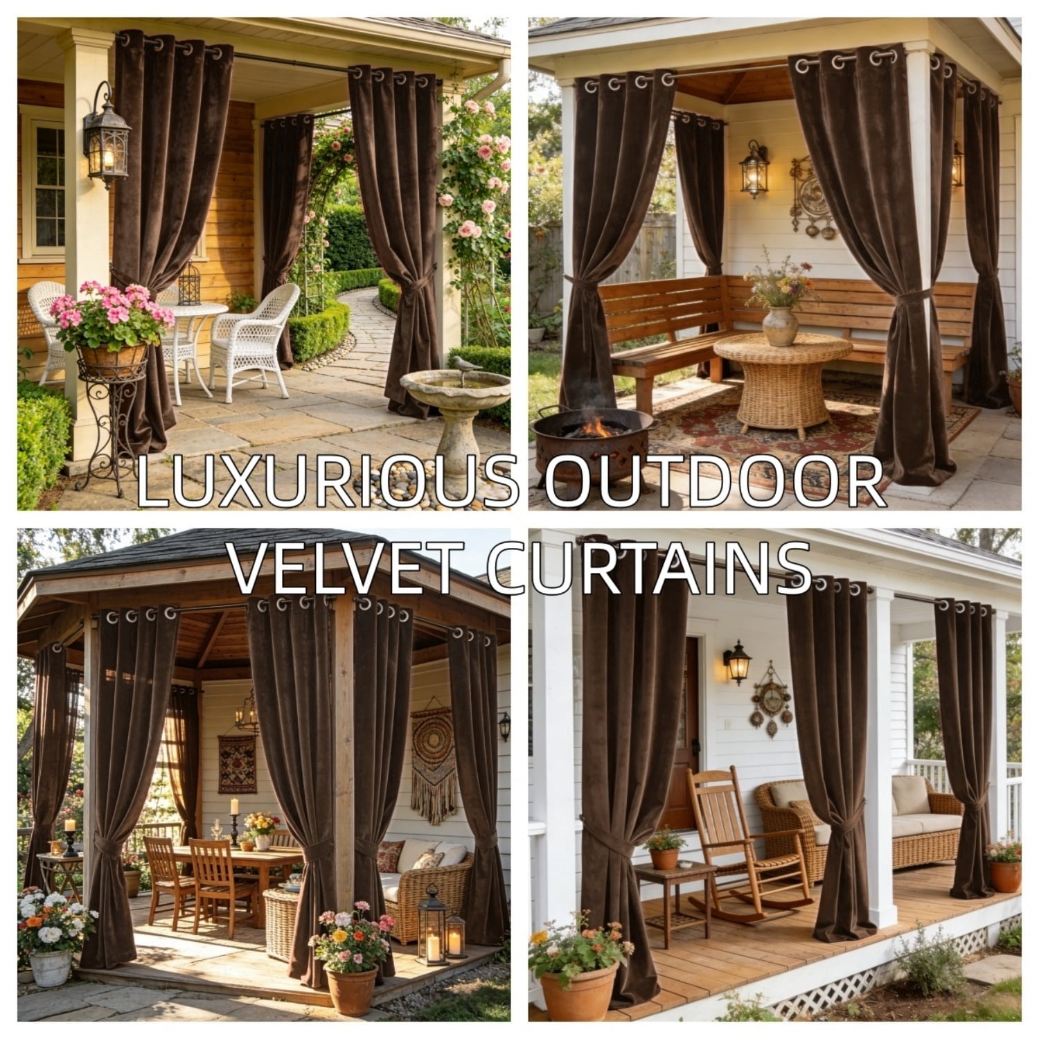 SNITIE Velvet Outdoor Curtains 52x84/96/108 Inch Set of 4 - Grommet Top, UV & Water Resistant, Fade-Resistant, Machine Washable for Gazebo Patio Porch