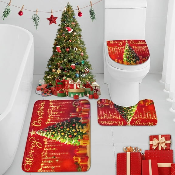 Merry Christmas Christmas Tree Bathroom Rug Set of 3 Gifts Gold Ornaments Red 3 Pieces Bath Mats Set No Silp Washable Cover Floor Rug Decorations for Kitchen Bathroom Bedroom