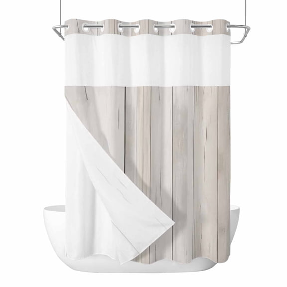 No Hook Shower Curtain, Beige Standard Shower Curtains with Snap in Liner, Farmhouse Simple Abstract Striped Wooden Grain Waterproof Washable Fabric Bathroom Curtain Sets, 60"W x 72"L