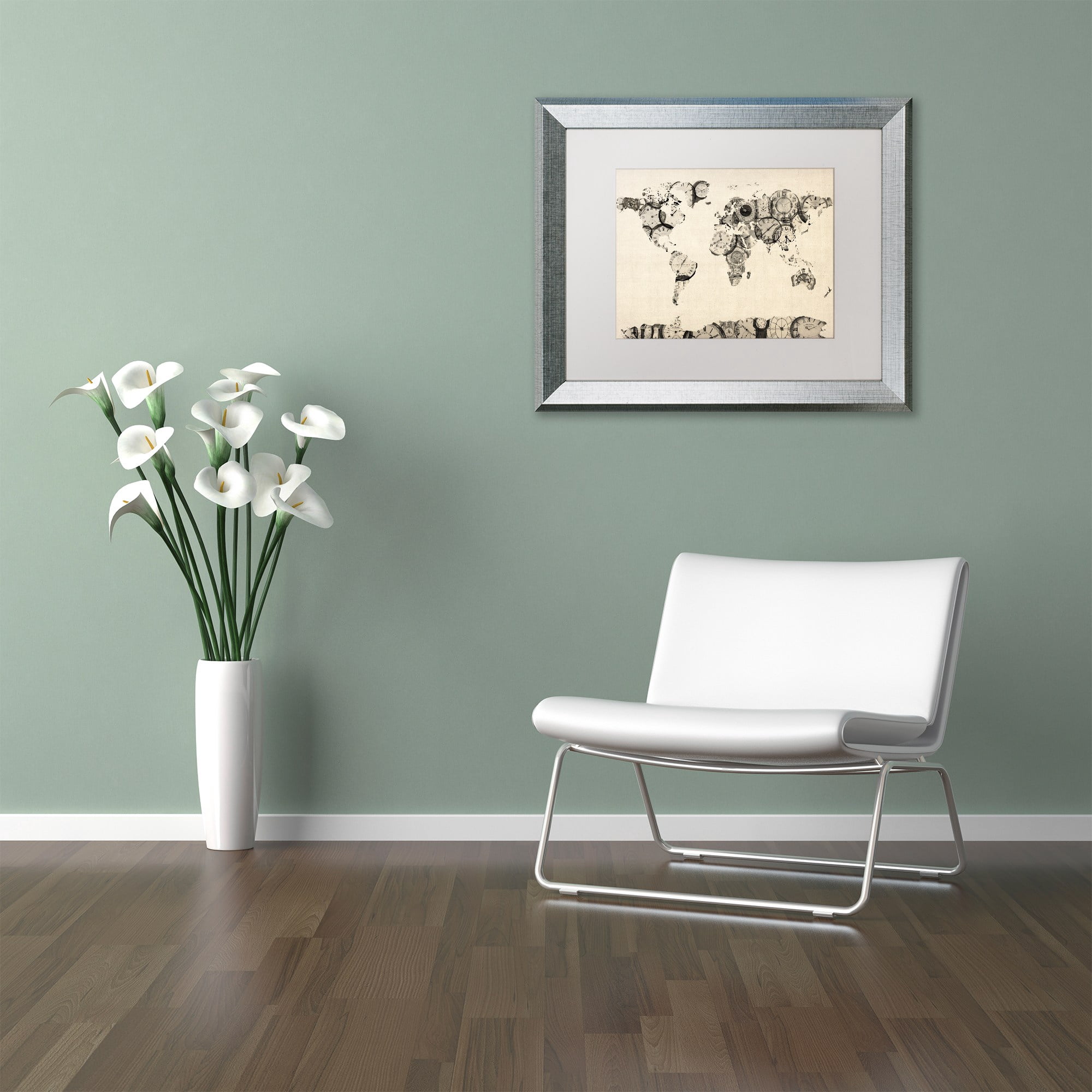 Trademark Fine Art "Old Clocks World Map" Canvas Art by Michael Tompsett White Matte, Silver Frame