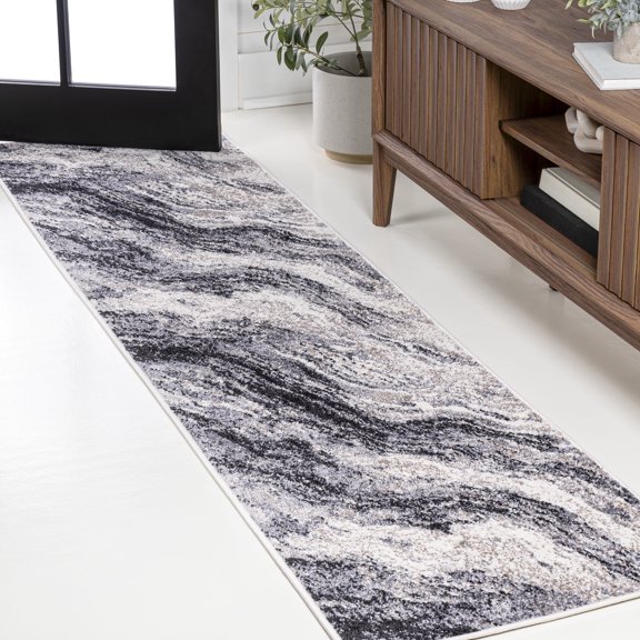 JONATHAN Y SUPERSOFT 2 x 8 Runner Rug, Kassia Contemporary Glam Abstract Marble- Charcoal/Cream, SEU300A-28