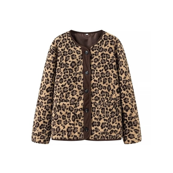 Women Leopard Print Jacket Casual Fuzzy Button Down Long Sleeve Fall Winter Coat Outerwear Yellow M