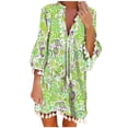 thumbnail image 2 of Fashion Women V-Neck Summer Print 3/4 Sleeve Tassels Patchwork Mini Dress, 2 of 6