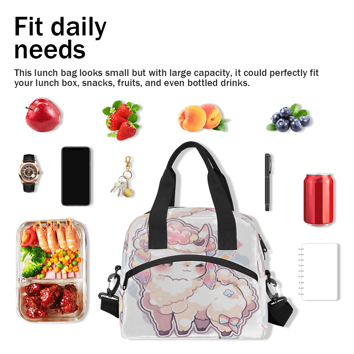 Herdesigns Cute Cartoon Insulated Lunch Bag for Women Men Adults Large Reusable Lunch Box Sheep Leakproof Cooler Tote Bags with Adjustable Shoulder Strap