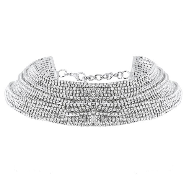 Gargantilla de lujo con diamantes de imitación, collar llamativo de cristal, gargantilla multicapa, accesorios de joyería de moda (plateado)