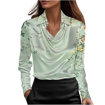 Women Spring Clothes Satin Top for Women Long Sleeve Floral Print Pullover Tshirt Cowl Neck and Lapel Neck Blouse Shirt New Arrivals My Items