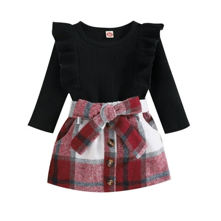 

Dezsed Infant Girls Fall Clothing Sets Strip Cotton Long Sleeve Top With Pocket Bowknot Plaid Skirt Knot 2 Piece Set 9M-4Y Girls Boutique Outfits Xmas Gift On Clearance