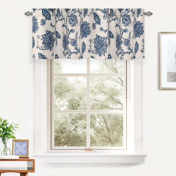 DriftAway Freda Floral Linen Blend Blackout Window Curtain Valance Rod Pocket 2 Pack 52"x18" 2" Header Navy Beige