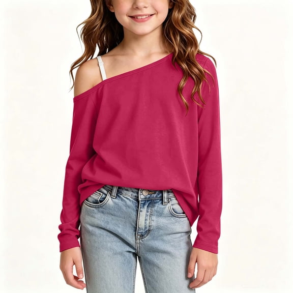 hotojiny Toddler Girl Long Sleeve Shirt Basic Solid Color Loose One Shoulder T Shirt Asymmetry Neck Fall Top Kids Clothes(Hot Pink aa1,14-15 Years)
