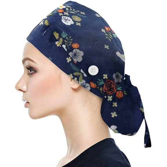 HuangHuanChen Scrub Cap for Women Men With Buttons Bouffant Hat With Sweatband Unisex H