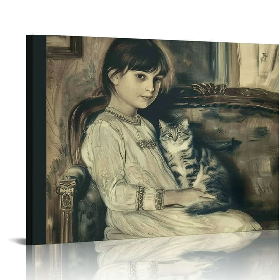 Orinice  Pierre Auguste Renoir Painting of Child With A Cat Canvas Prints Poster - Vintage Portraits Wall Art for Living Room Bedroom Unframed 20''X16'' 20x16in