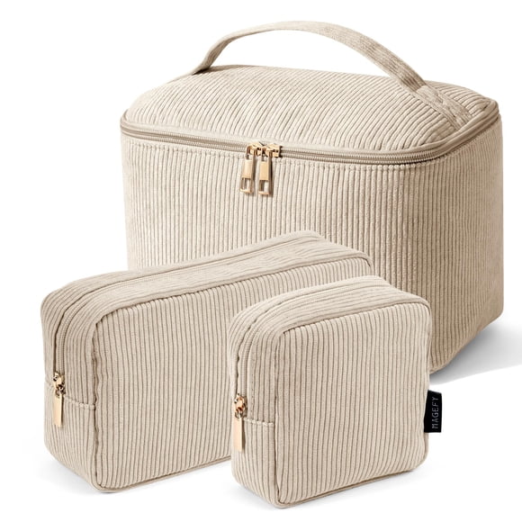 Set de bolsas de maquillaje MAGEFY para cosméticos, 3 unidades, pana, color beige