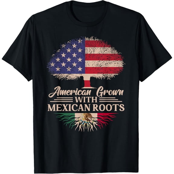 Retro American Grown Mexican Roots Heritage T-Shirt - Patriotic Tree Graphic Tee for Men and Women - Casual Heritage Pride Short Sleeve Cotton Top