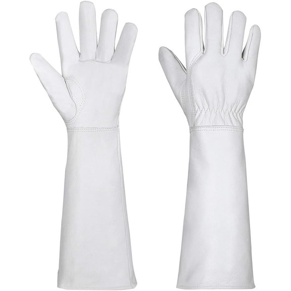 Long-Gardening-Gloves for Women/Men - Thorn Proof Cowhide Leather Rose/Blackberry Pruning Heavy Duty Gloves Thick Palm Gauntlet Garden Work Gloves with Forearm Protection (White-Medium)